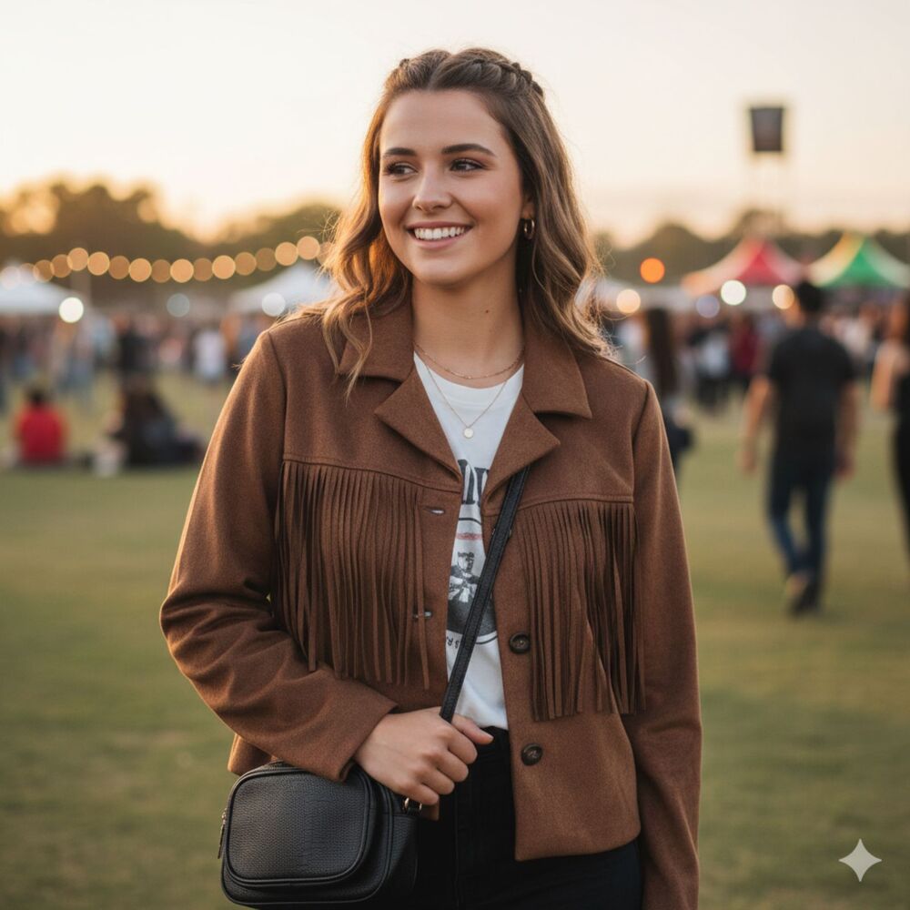 NYCC Brown Faux Suede Fringe Western Jacket Button Large Festival Indie NWT